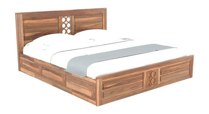 Royal Marwar Solid Sheesham Wood Queen Size Storage Bed | Modern Circle Panel Design | Premium Honey Finish