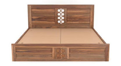 Royal Marwar Solid Sheesham Wood Queen Size Storage Bed | Modern Circle Panel Design | Premium Honey Finish