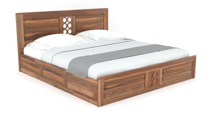 Royal Marwar Solid Sheesham Wood Queen Size Storage Bed | Modern Circle Panel Design | Premium Honey Finish
