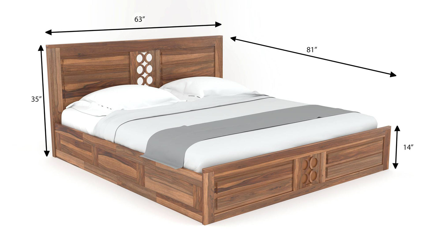 Royal Marwar Solid Sheesham Wood Queen Size Storage Bed | Modern Circle Panel Design | Premium Honey Finish