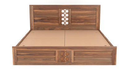Royal Marwar Solid Sheesham Wood Queen Size Storage Bed | Modern Circle Panel Design | Premium Honey Finish
