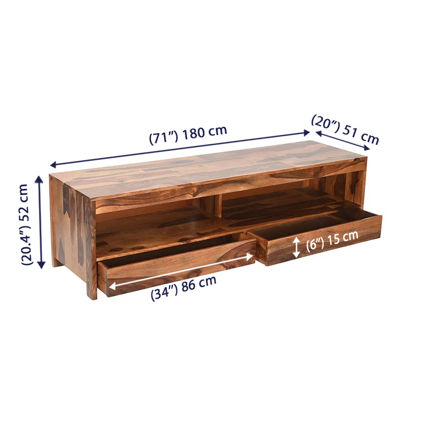 Royal Marwar Solid Sheesham Wood TV Unit | Wooden Entertainment Console with 2 Drawers & Open Storage | Honey Finish & Walnut Finish