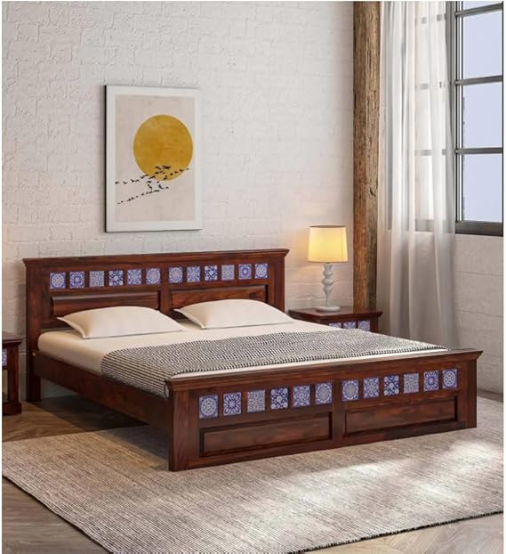 Royal Marwar Solid Sheesham Wood King Size Bed | Handcrafted Tile Panel Design | Premium Honey Finish | Wooden Bed Without Storage