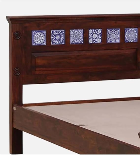 Royal Marwar Solid Sheesham Wood King Size Bed | Handcrafted Tile Panel Design | Premium Honey Finish | Wooden Bed Without Storage