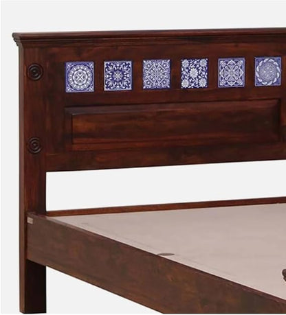 Royal Marwar Solid Sheesham Wood King Size Bed | Handcrafted Tile Panel Design | Premium Honey Finish | Wooden Bed Without Storage