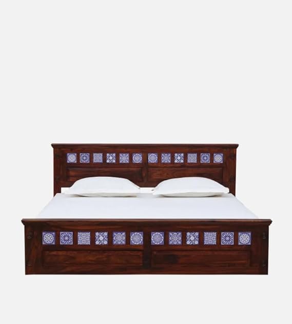 Royal Marwar Solid Sheesham Wood King Size Bed | Handcrafted Tile Panel Design | Premium Honey Finish | Wooden Bed Without Storage