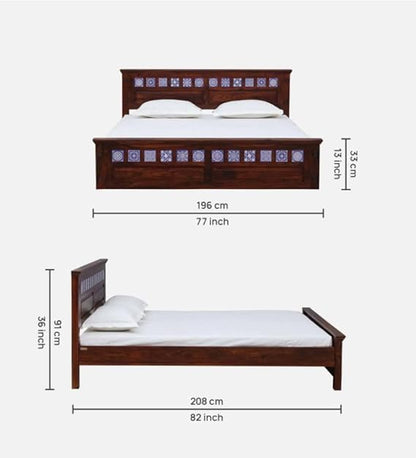 Royal Marwar Solid Sheesham Wood King Size Bed | Handcrafted Tile Panel Design | Premium Honey Finish | Wooden Bed Without Storage