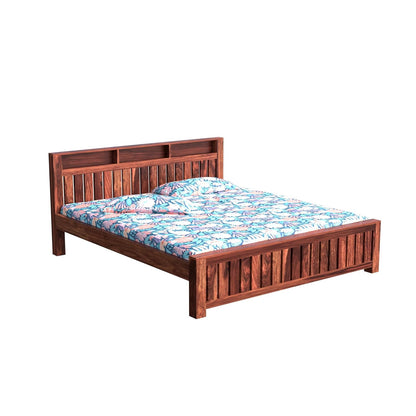 Solid Wood King Size Bed with Slatted Headboard & Storage Shelves
