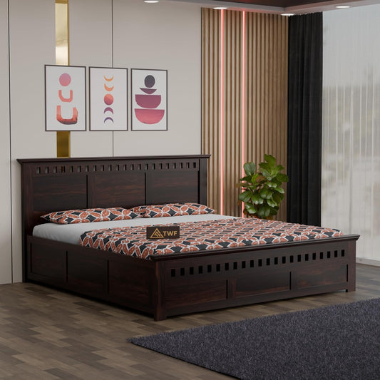 Premium Solid Wood King Size Bed with Elegant Panel Detailing & Contemporary Wooden Finish