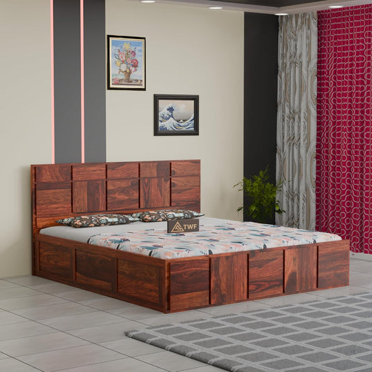 Premium Solid Wood King Size Bed with Modern Panel Detailing & Contemporary Wooden Finish