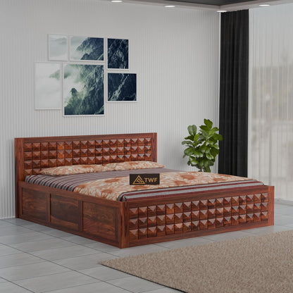 Premium Solid Wood King Size Bed with 3D Geometric Pyramid Panel Design