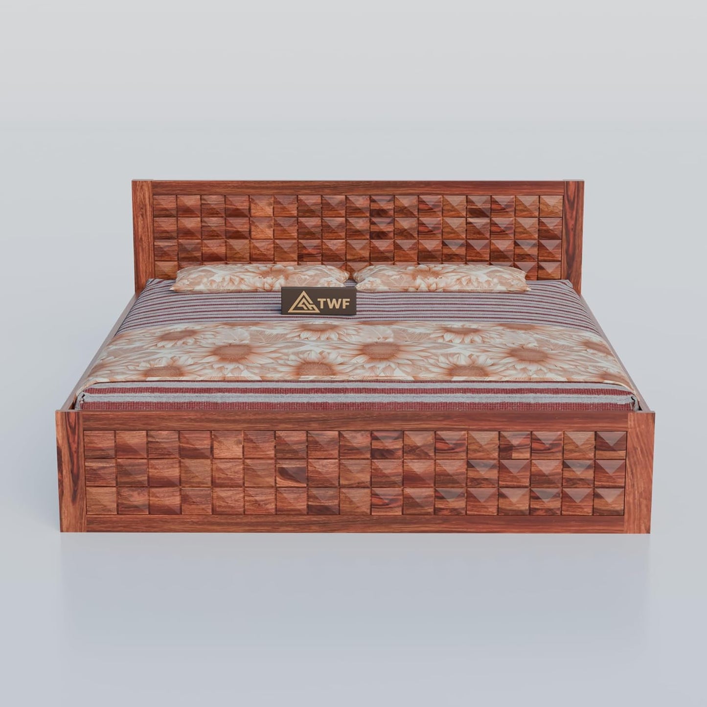 Premium Solid Wood King Size Bed with 3D Geometric Pyramid Panel Design