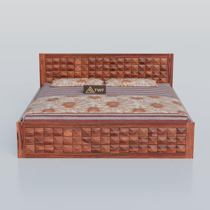 Premium Solid Wood King Size Bed with 3D Geometric Pyramid Panel Design