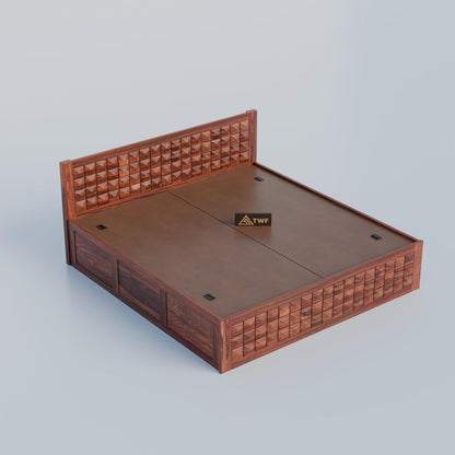 Premium Solid Wood King Size Bed with 3D Geometric Pyramid Panel Design