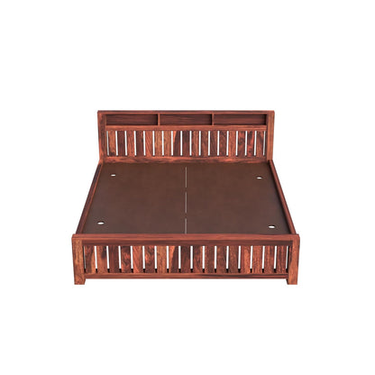 Solid Wood King Size Bed with Slatted Headboard & Storage Shelves