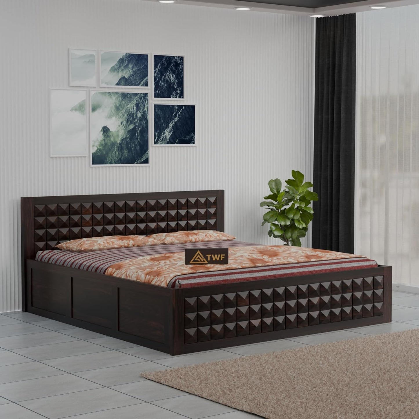 Premium Solid Wood King Size Bed with 3D Geometric Pyramid Panel Design