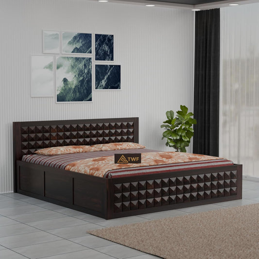 Premium Solid Wood King Size Bed with 3D Geometric Pyramid Panel Design