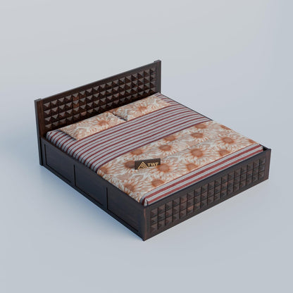 Premium Solid Wood King Size Bed with 3D Geometric Pyramid Panel Design