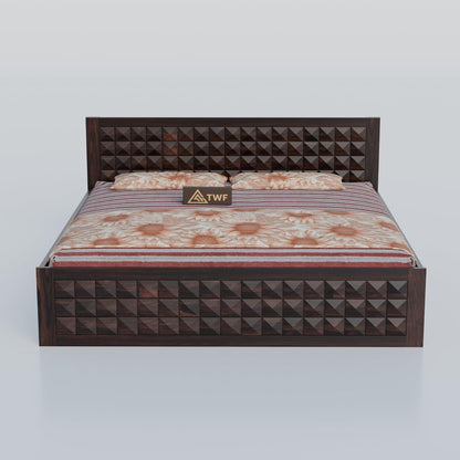 Premium Solid Wood King Size Bed with 3D Geometric Pyramid Panel Design