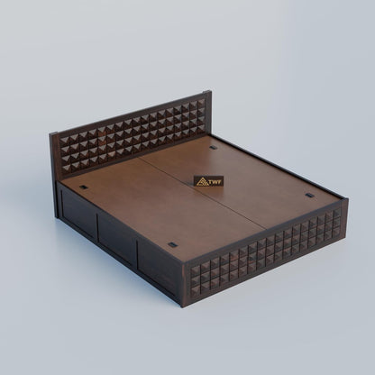 Premium Solid Wood King Size Bed with 3D Geometric Pyramid Panel Design