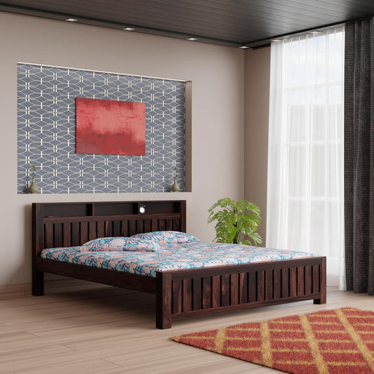 Solid Wood King Size Bed with Slatted Headboard & Storage Shelves