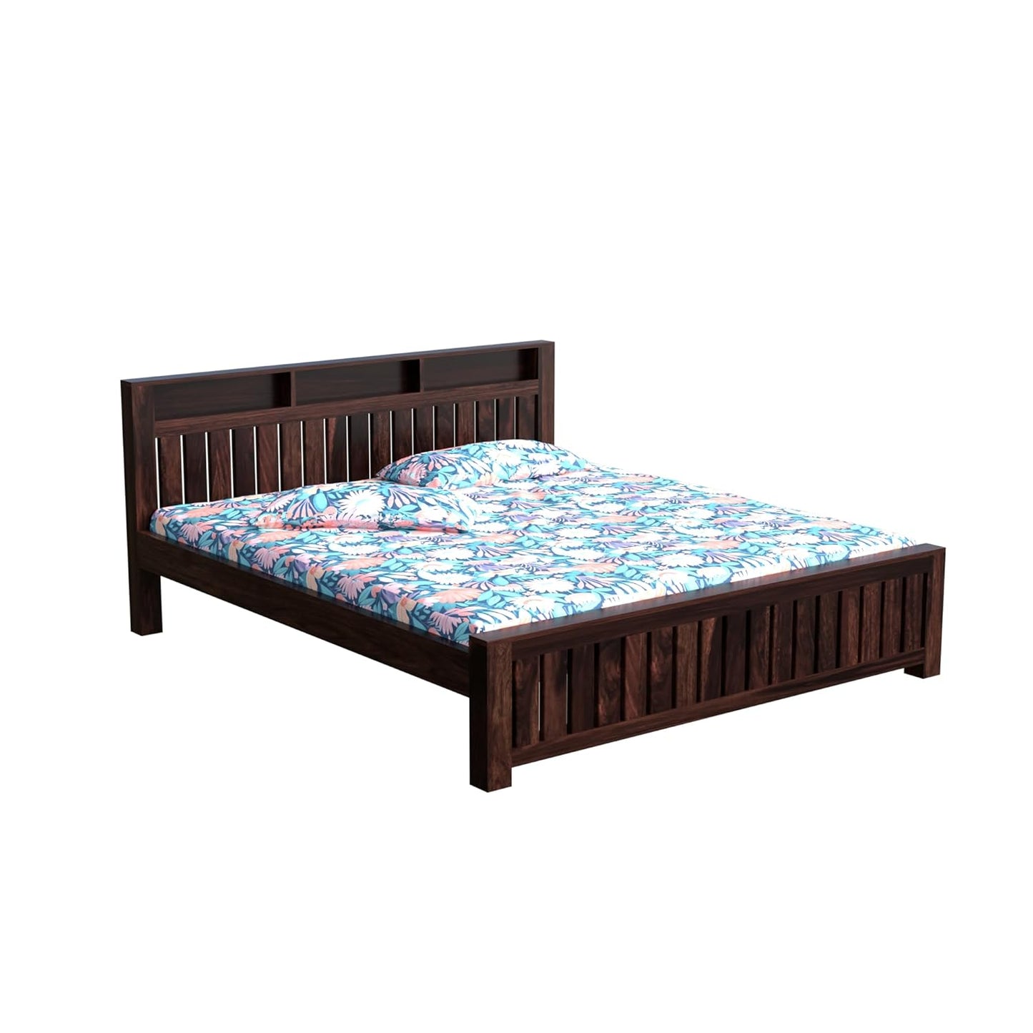 Solid Wood King Size Bed with Slatted Headboard & Storage Shelves