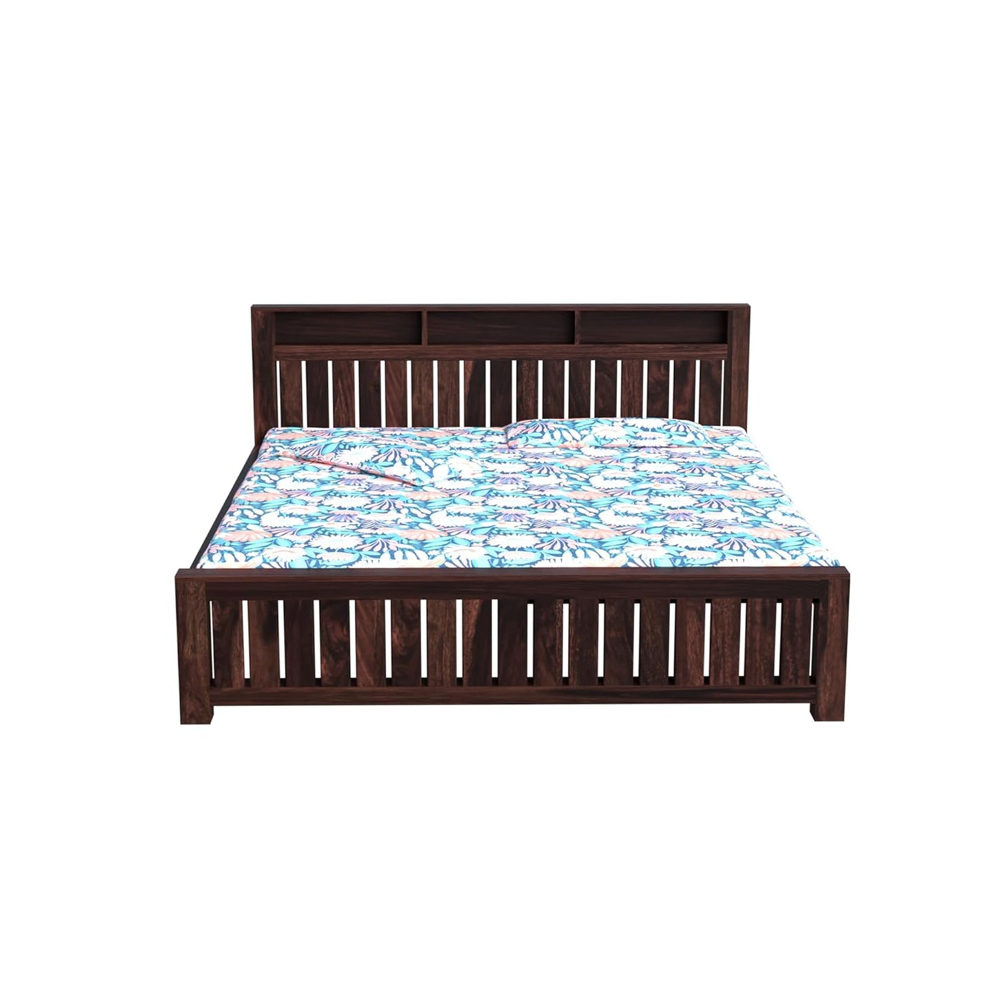 Solid Wood King Size Bed with Slatted Headboard & Storage Shelves