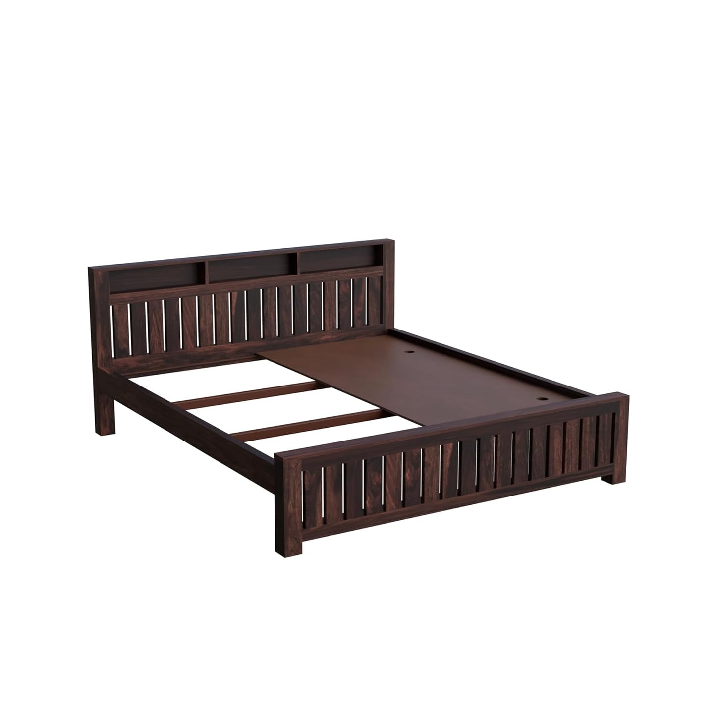 Solid Wood King Size Bed with Slatted Headboard & Storage Shelves