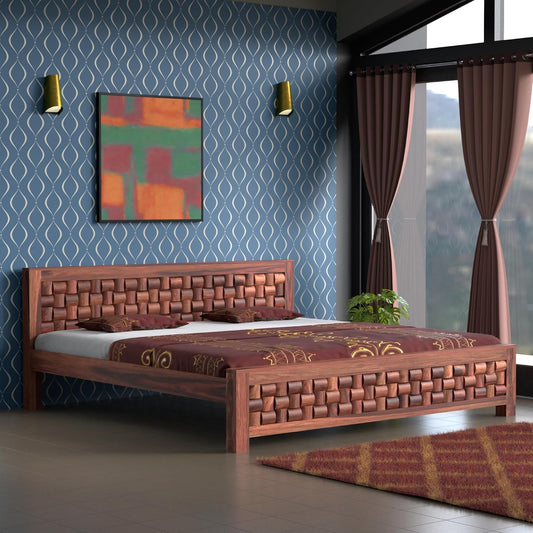 Solid Wood King Size Bed with Textured Woven Pattern Headboard & Footboard |