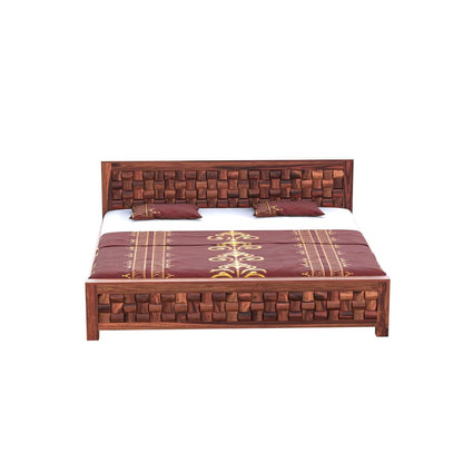 Solid Wood King Size Bed with Textured Woven Pattern Headboard & Footboard |