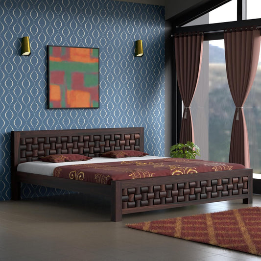 Solid Wood King Size Bed with Textured Woven Pattern Headboard & Footboard |