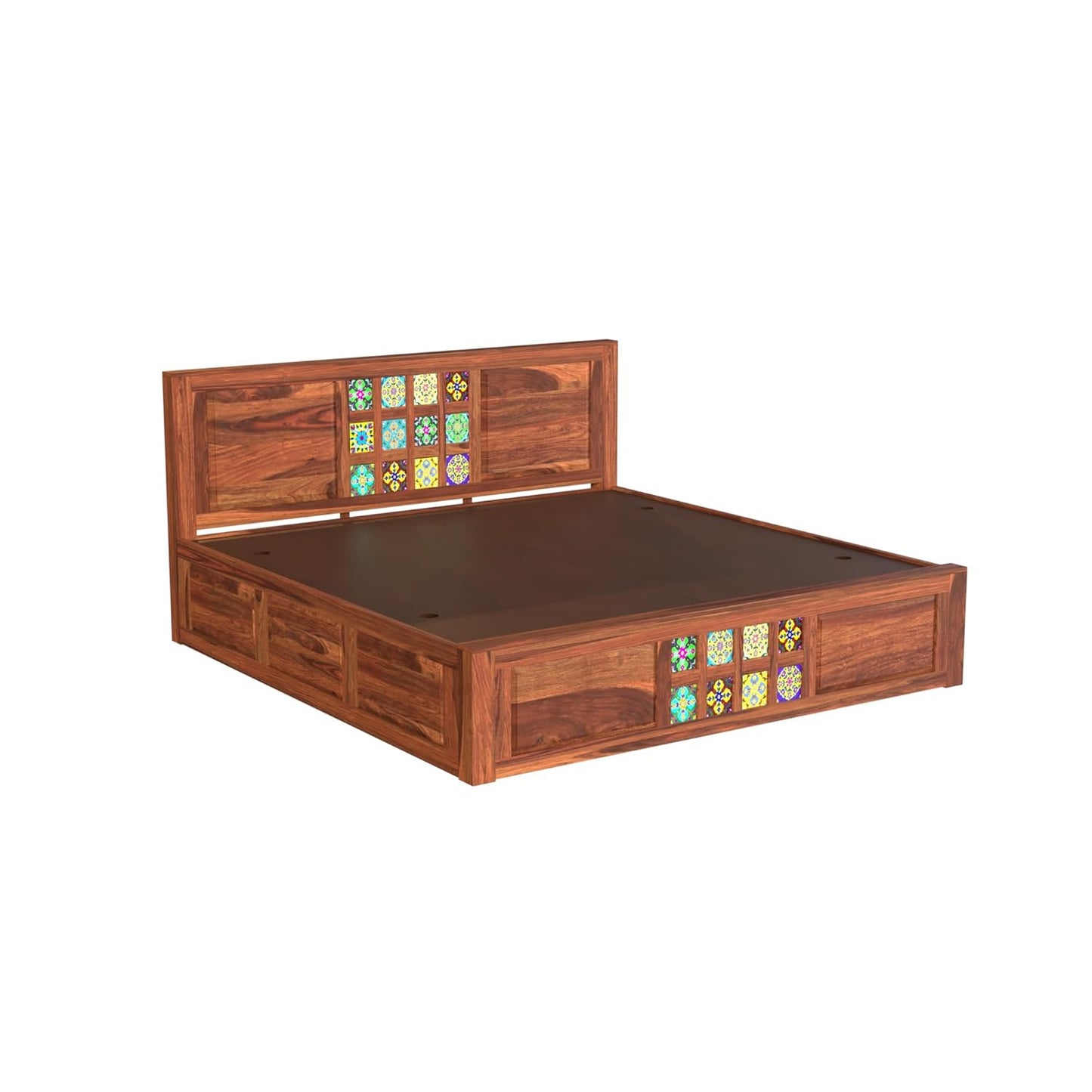Solid Wood Designer Double Bed with Decorative Tile Pattern Headboard & Footboard
