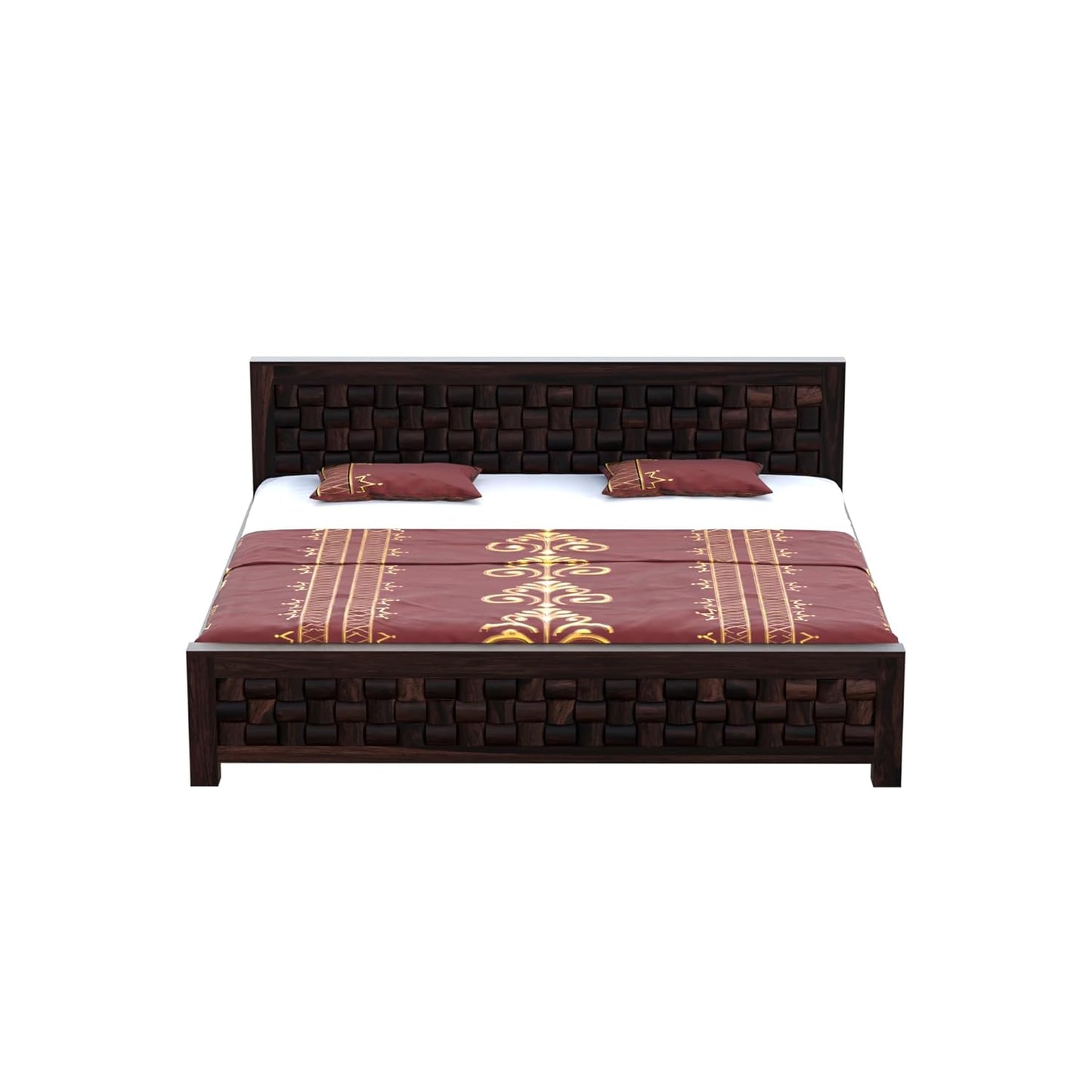Solid Wood King Size Bed with Textured Woven Pattern Headboard & Footboard |