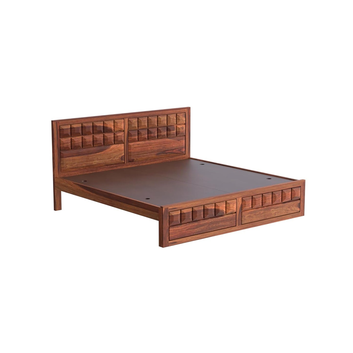 Solid Wood King Size Bed with Geometric Textured Headboard & Footboard
