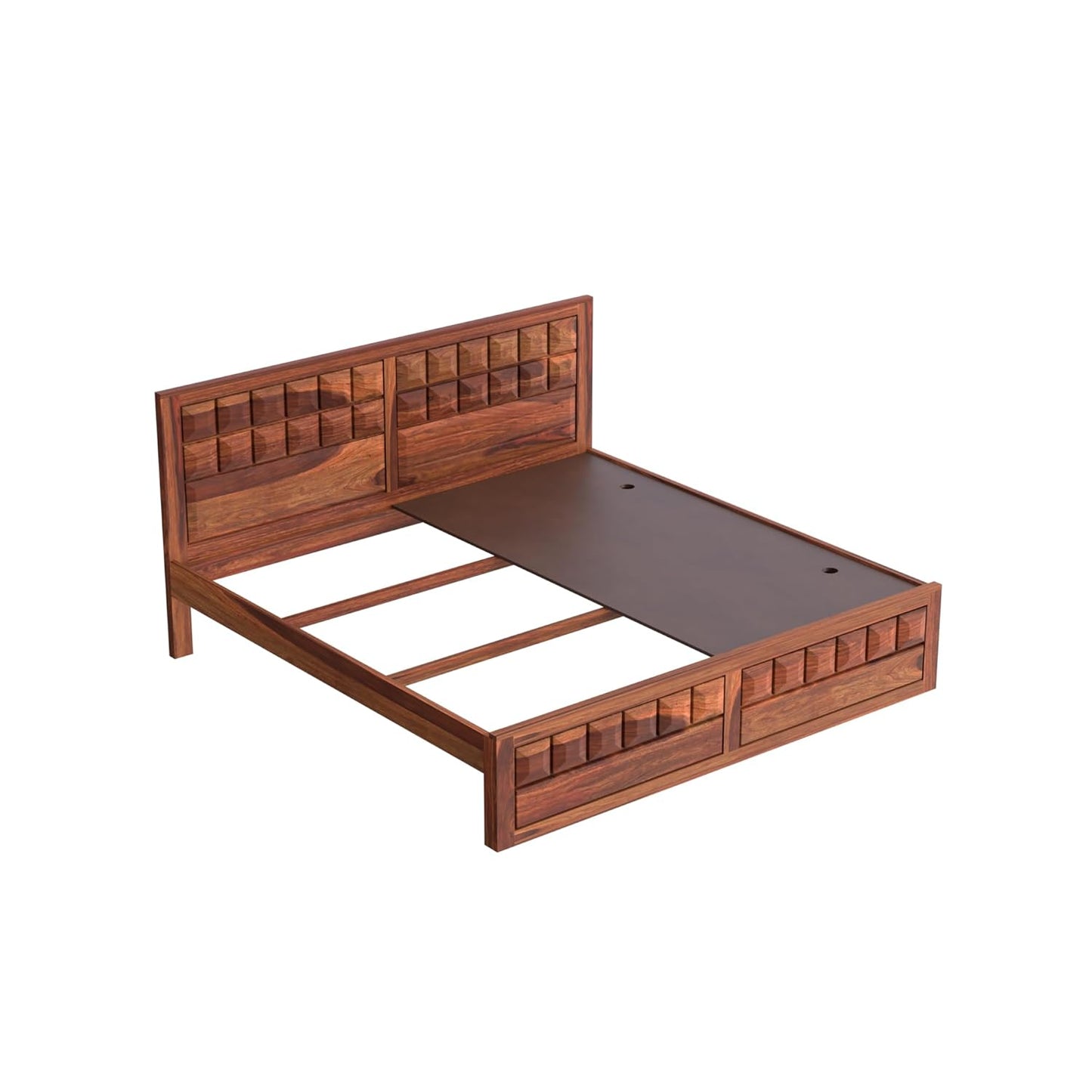 Solid Wood King Size Bed with Geometric Textured Headboard & Footboard