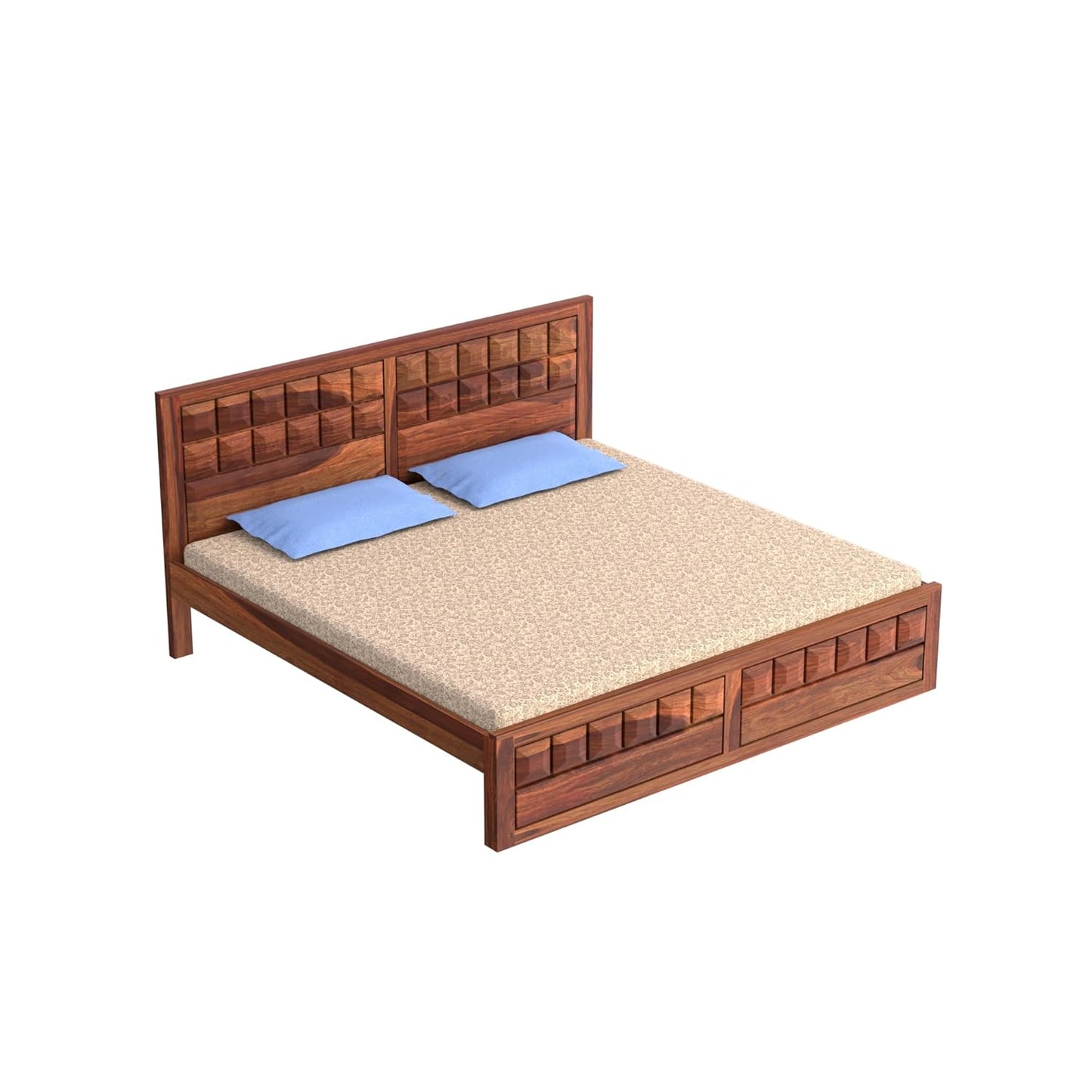 Solid Wood King Size Bed with Geometric Textured Headboard & Footboard