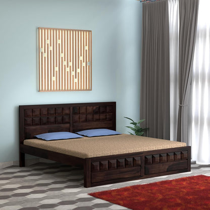 Solid Wood King Size Bed with Geometric Textured Headboard & Footboard