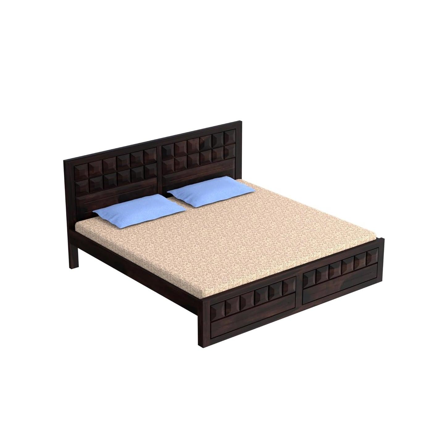 Solid Wood King Size Bed with Geometric Textured Headboard & Footboard