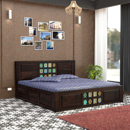Solid Wood Designer Double Bed with Decorative Tile Pattern Headboard & Footboard