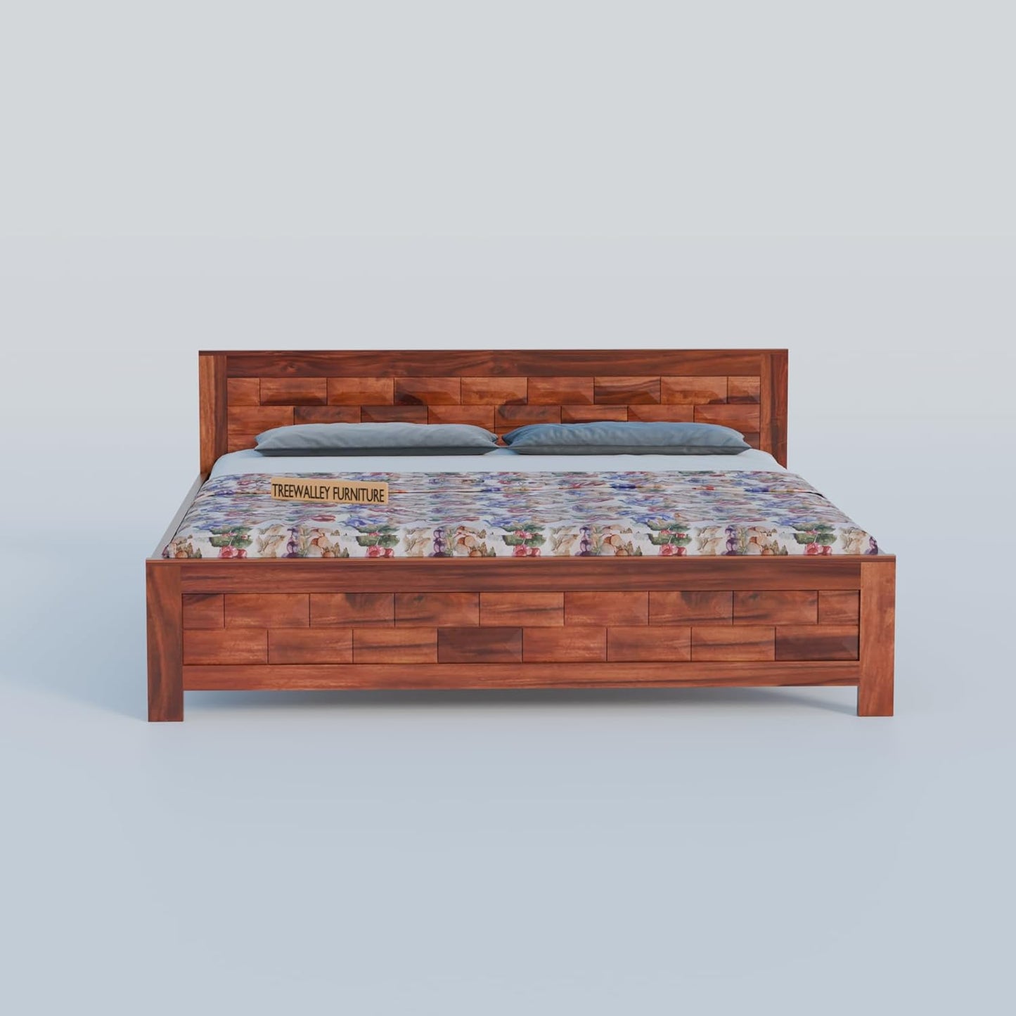 Solid Wood King Size Bed with Geometric Textured Headboard & Footboard