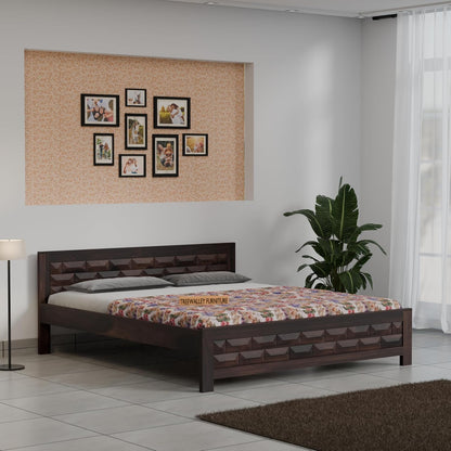 Solid Wood King Size Bed with Geometric Textured Headboard & Footboard