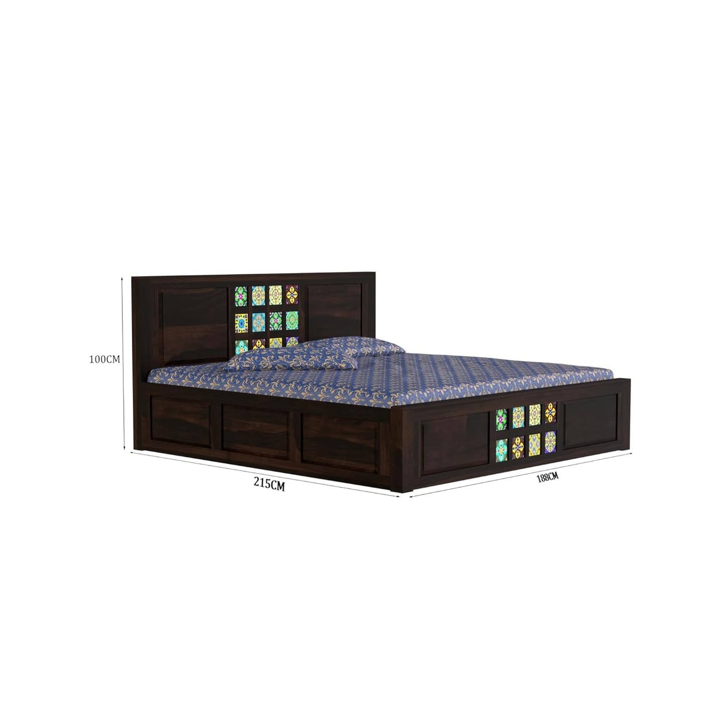 Solid Wood Designer Double Bed with Decorative Tile Pattern Headboard & Footboard