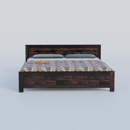 Solid Wood King Size Bed with Geometric Textured Headboard & Footboard