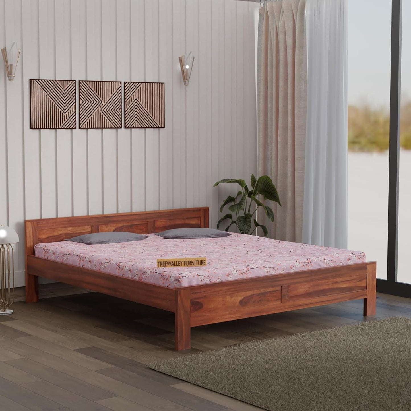 Premium Solid Wood King Size Bed with Artistic Geometric Panel Design