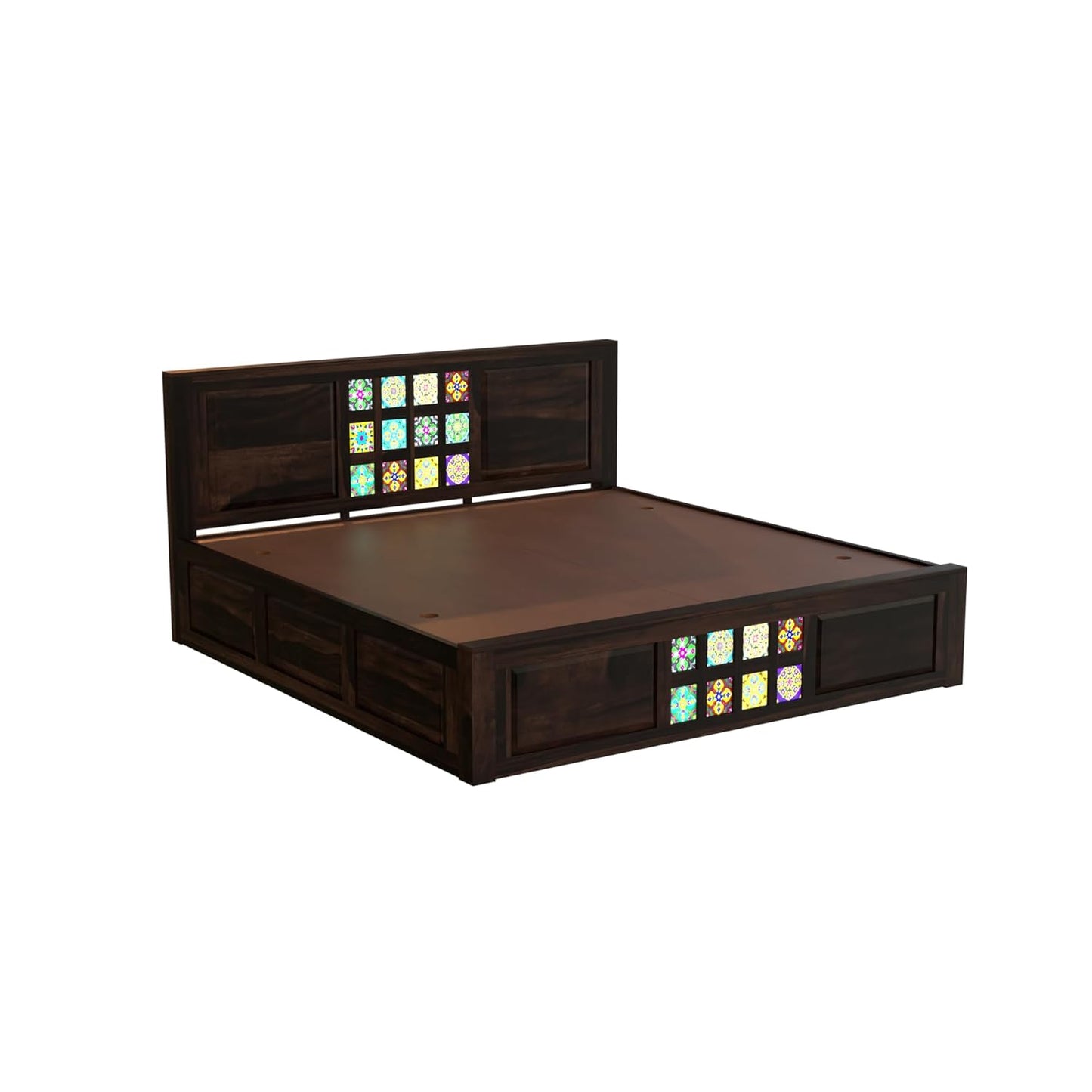 Solid Wood Designer Double Bed with Decorative Tile Pattern Headboard & Footboard