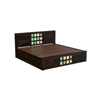 Solid Wood Designer Double Bed with Decorative Tile Pattern Headboard & Footboard