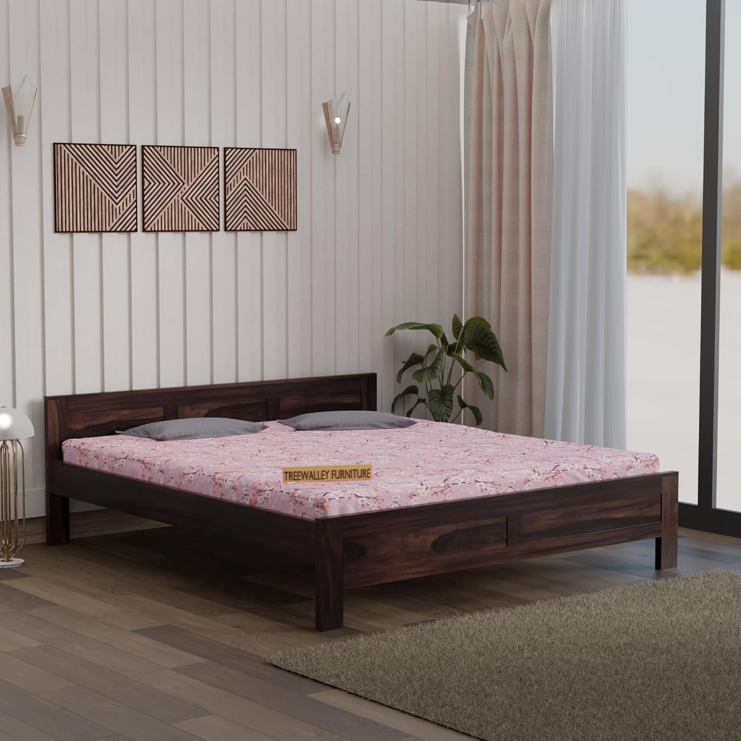 Premium Solid Wood King Size Bed with Artistic Geometric Panel Design