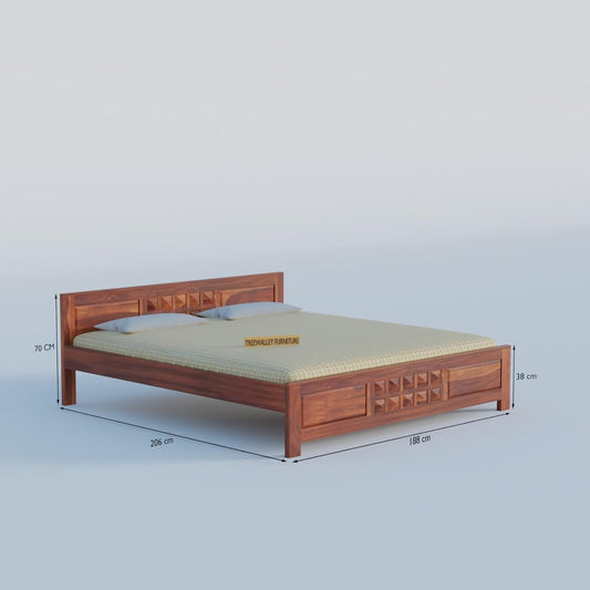 Premium Solid Wood King Size Bed with Artistic Geometric Block Design & Contemporary Wooden Finish