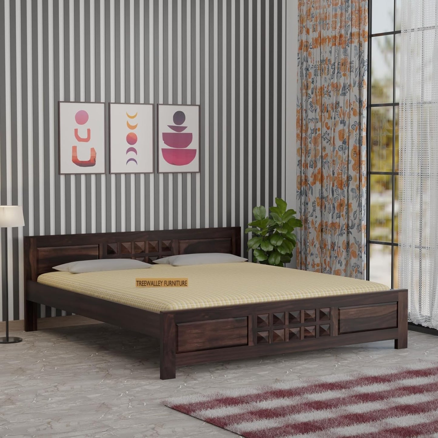 Premium Solid Wood King Size Bed with Artistic Geometric Block Design & Contemporary Wooden Finish