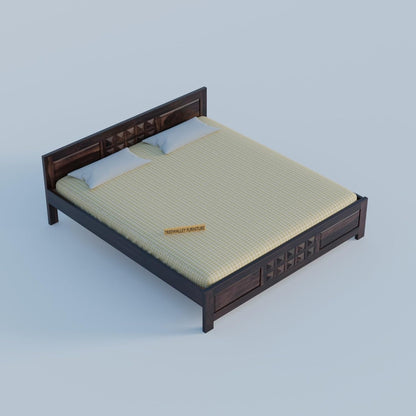 Premium Solid Wood King Size Bed with Artistic Geometric Block Design & Contemporary Wooden Finish